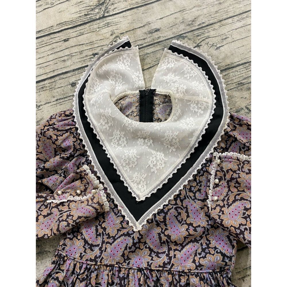60s Bib Floral Prairie Peasant Western Lace Trim Kids Dress Size 6-9 Boho - Picture 6 of 8